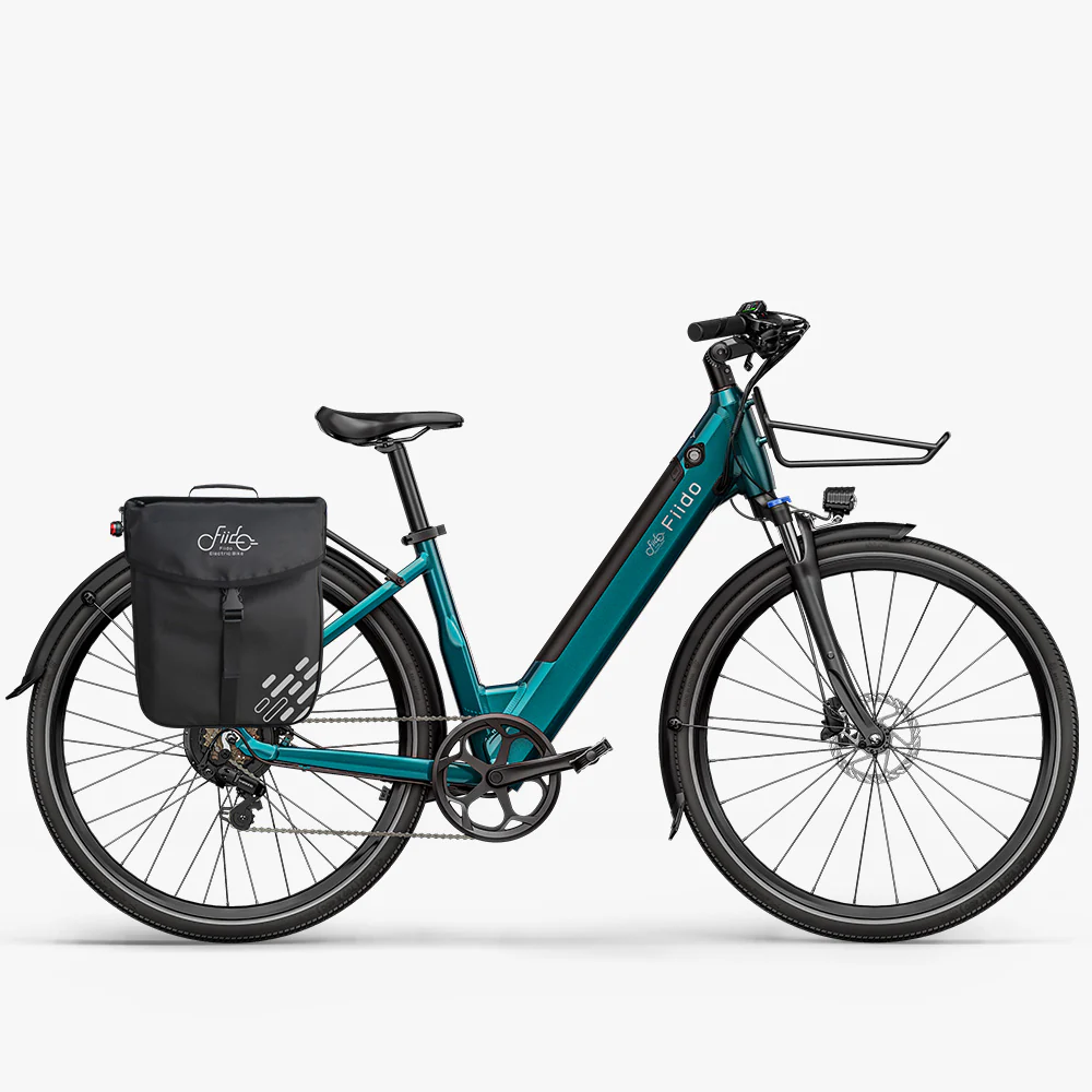 Velo-Electrique-de-Ville-Fiido-C11-bleu-avec-saccoches.webp